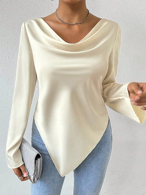 Long Sleeves Loose Solid Color Heaps Collar T-Shirts Tops