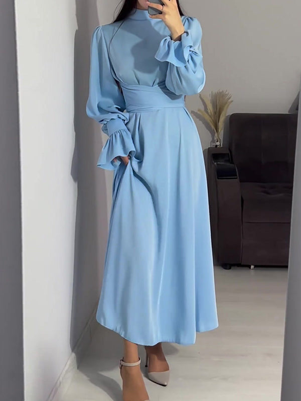 A-Line Long Sleeves Pleated Solid Color Tied Waist Zipper Mock Neck Maxi Dresses