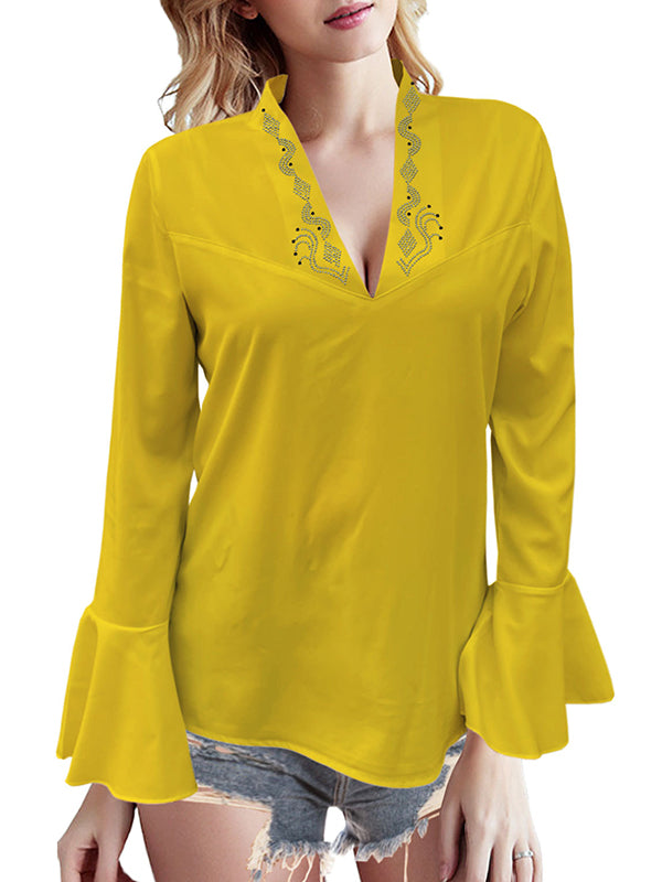 Flared Sleeves Long Sleeves Rhine Stones Solid Color V-Neck Blouses&Shirts Tops