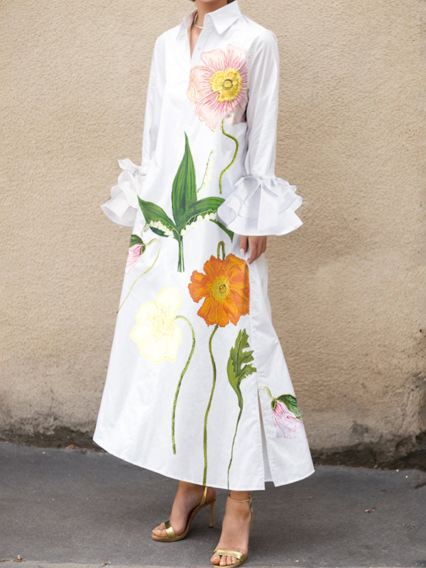 A-Line Flared Sleeves Floral Printed Split-Joint Split-Side Lapel Collar Maxi Dresses Shirt Dress