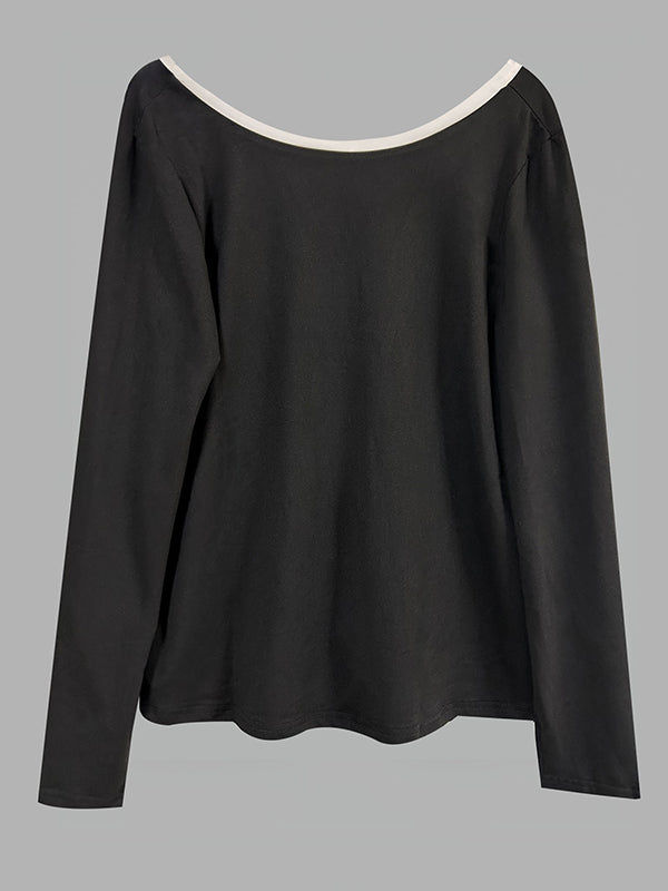 Long Sleeves Loose Bowknot Hollow Split-Back Split-Joint Round-Neck T-Shirts