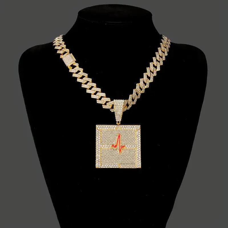 Cross-Border New Arrival European and American Hip Hop Style Dripping Oil Full Diamond Heartbeat Pulse Pendant Necklace High Quality Men's Cuban Link Chain