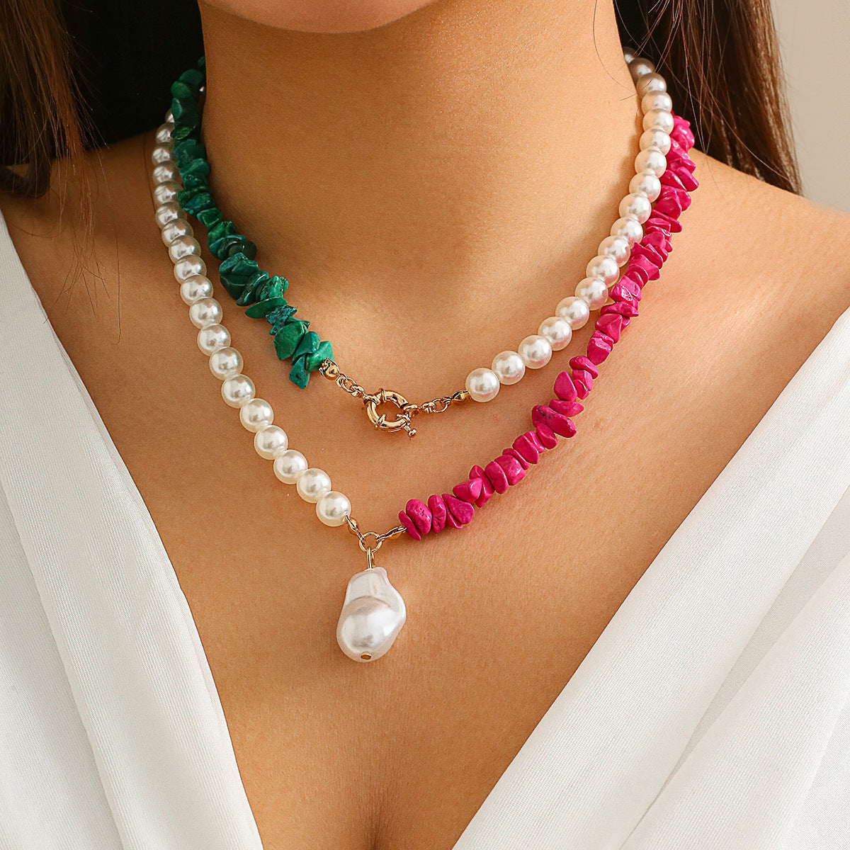 Retro Vacation Geometric Imitation Turquoise Imitation Pearl Alloy Beaded Chain Layered Necklaces