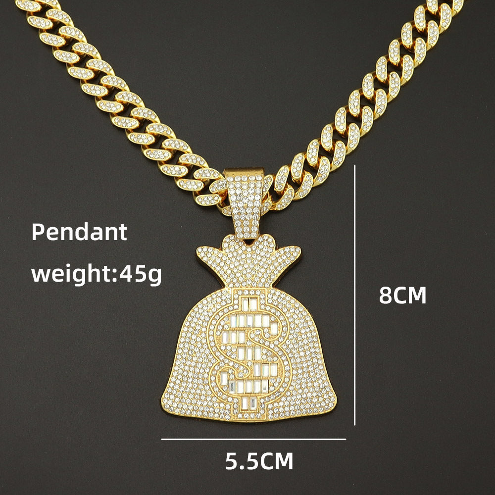 Cool Large Diamond Dollar Symbol Purse Pendant Necklace Diamond-Embedded Hip Hop Men's Cool Punk Necklace Pendant