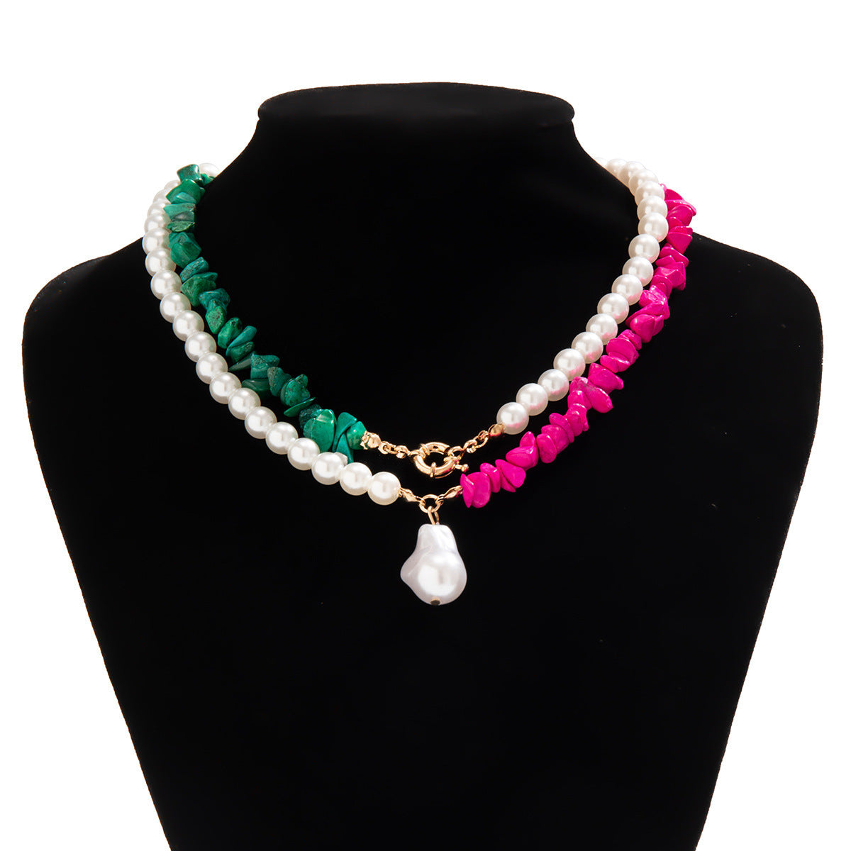 Retro Vacation Geometric Imitation Turquoise Imitation Pearl Alloy Beaded Chain Layered Necklaces