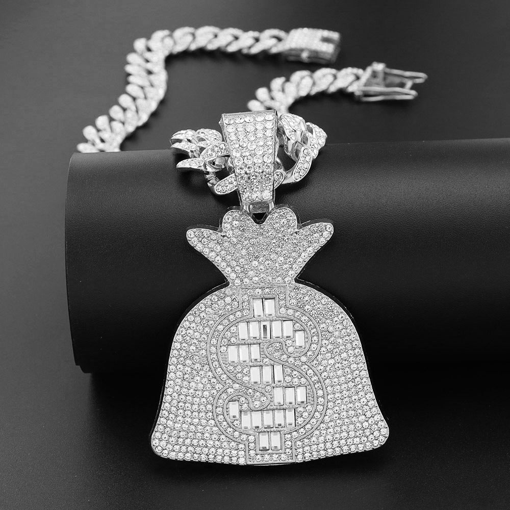 Cool Large Diamond Dollar Symbol Purse Pendant Necklace Diamond-Embedded Hip Hop Men's Cool Punk Necklace Pendant