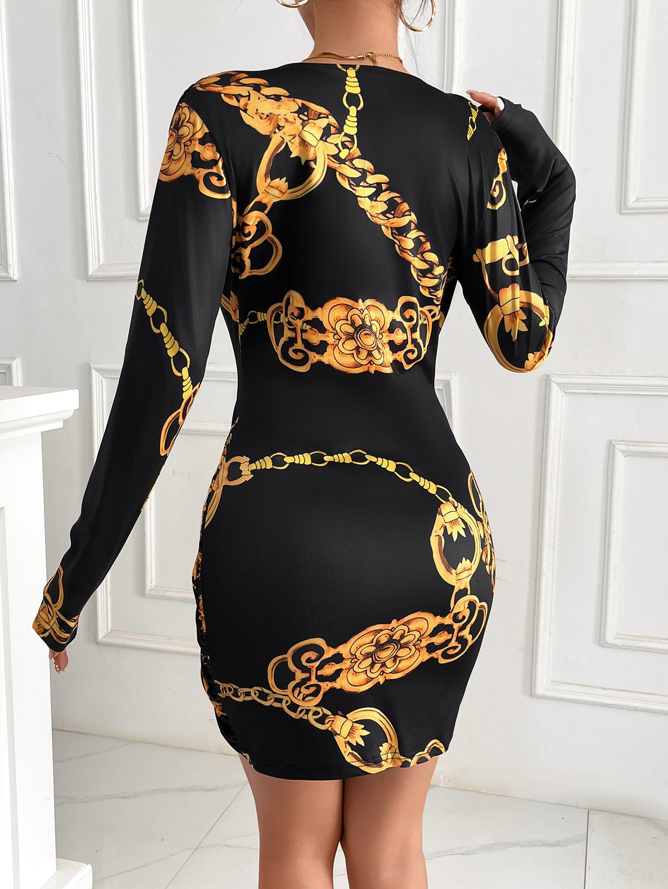 Women's Sheath Dress Vintage Style V Neck Zipper Long Sleeve chain Above Knee Travel