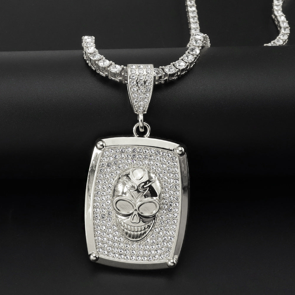 Cross-Border Three-Dimensional Skull Diamond Pendant Necklace Hip Hop Rapper Wear Single Row Diamond Tennis Chain Clavicle Chain