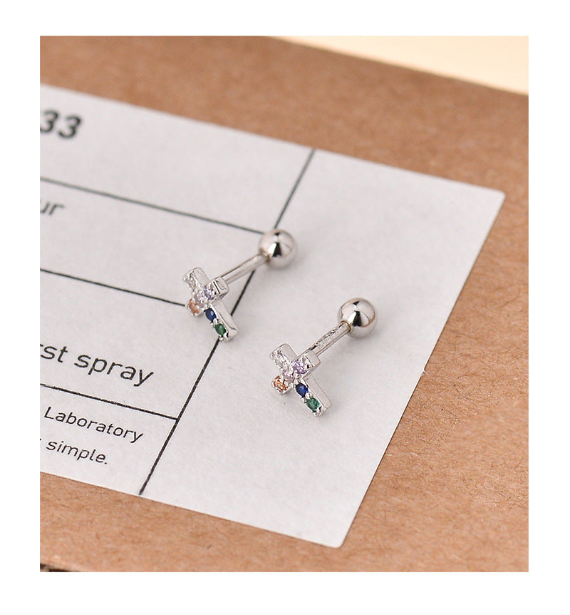 1 Pair 925 Sterling Silver Zircon 925 Sterling Silver Earrings Cross Ear Studs