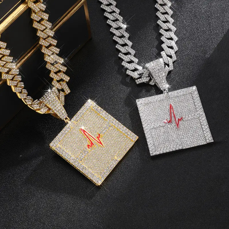 Cross-Border New Arrival European and American Hip Hop Style Dripping Oil Full Diamond Heartbeat Pulse Pendant Necklace High Quality Men's Cuban Link Chain