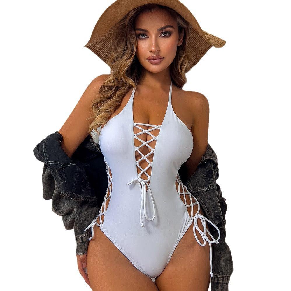 2024 new European and American one-piece conservative and sexy rope swimsuit swimsuit women's foreign trade wholesale cross-border delivery