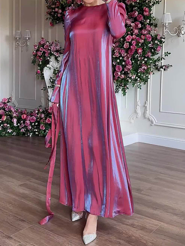 A-Line Long Sleeves Pleated Solid Color Tied Waist Zipper Round-Neck Maxi Dresses