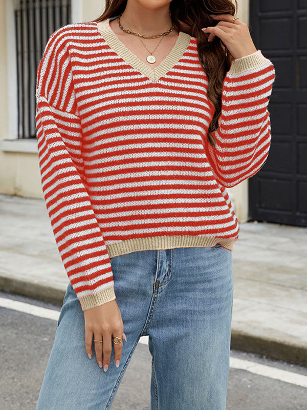 Long Sleeves Loose Contrast Color Jacquard Striped V-Neck Pullovers Sweater Tops