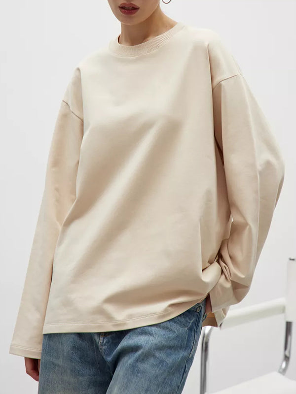 Long Sleeves Loose Solid Color Round-Neck T-Shirts Tops