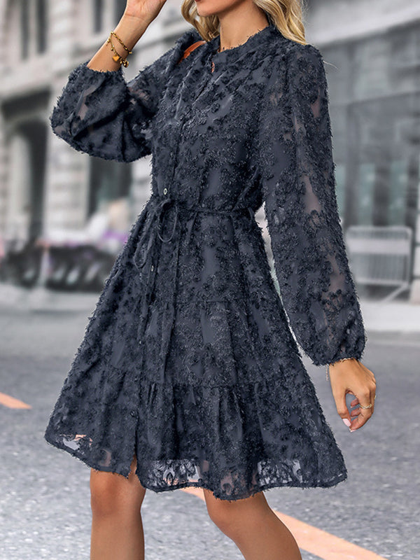 A-Line Long Sleeves Buttoned Elasticity Jacquard Pleated Solid Color Tied Waist Stand Collar Mini Dresses