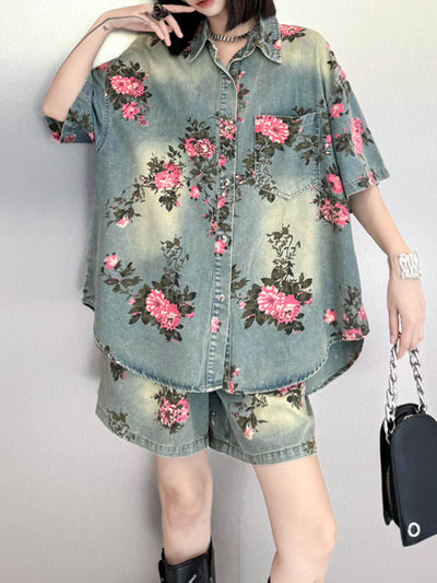 High-Low Loose Floral Printed Split-Joint Lapel Blouses&Shirts Tops