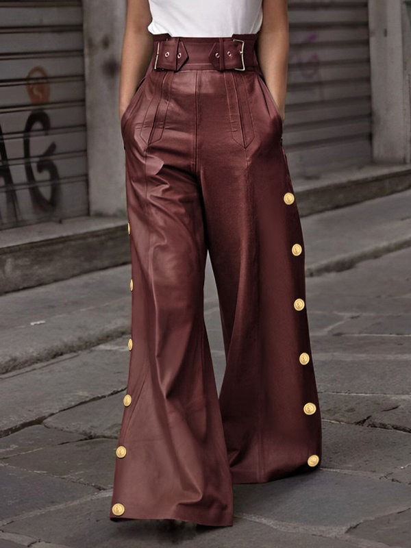 Loose Wide Leg Belted Buttoned Solid Color Casual Pants Bottoms Trousers