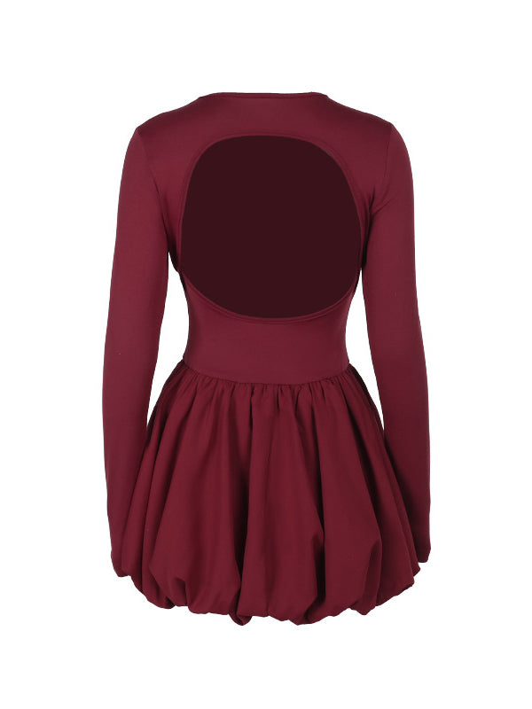 Long Sleeves Skinny Pleated Solid Color Split-Joint Round-Neck Mini Dresses