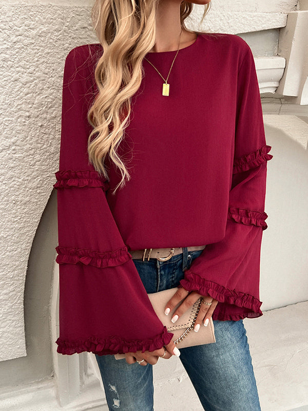 Flared Sleeves Long Sleeves Solid Color Split-Joint Round-Neck T-Shirts Tops