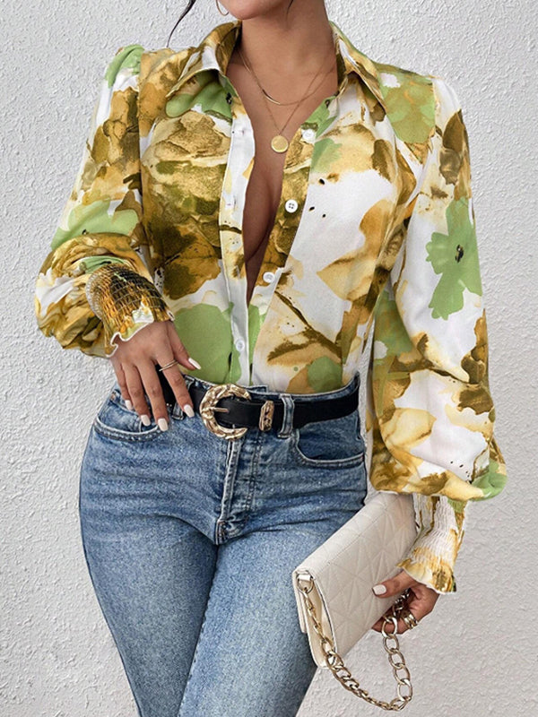 Long Sleeves Loose Buttoned Elasticity Flower Print Pleated Lapel Blouses&Shirts Tops