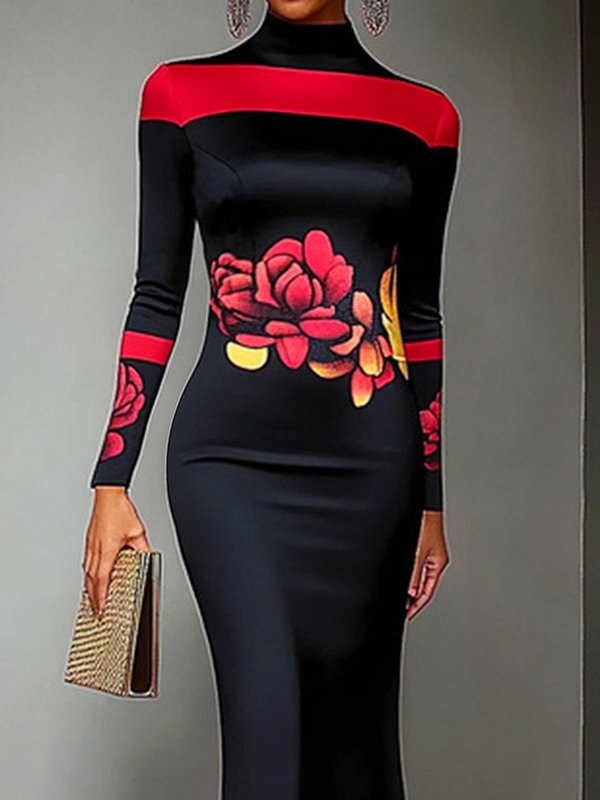 Bodycon Long Sleeves Flower Print High Neck Midi Dresses