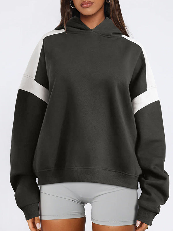 Hooded Long Sleeves Contrast Color Pockets Split-Joint Hoodies Tops