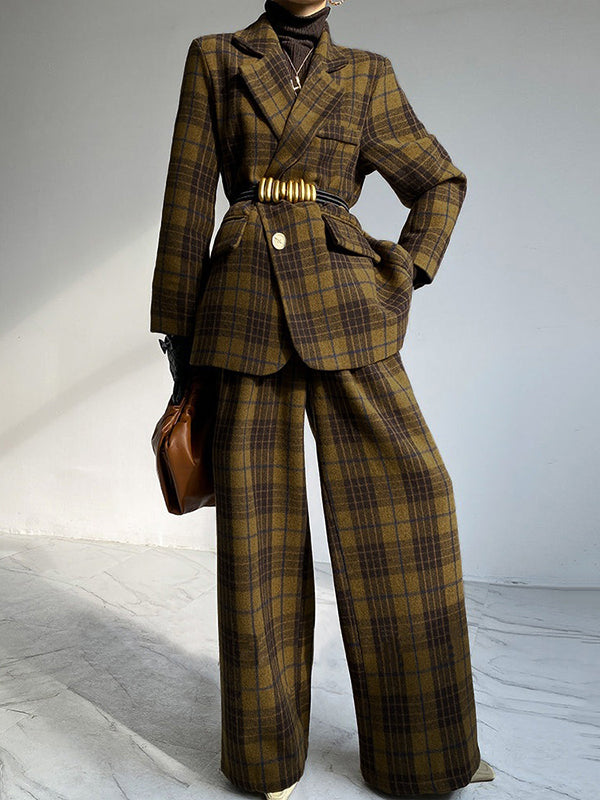 Plaid Split-Joint Lapel Jackets Woolen Coat