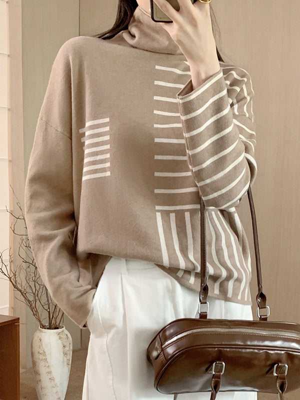 Long Sleeves Loose Contrast Color Striped High Neck Pullovers Sweater Tops