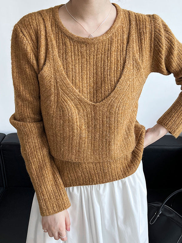 False Two Long Sleeves Solid Color Round-Neck Pullovers Sweater Tops