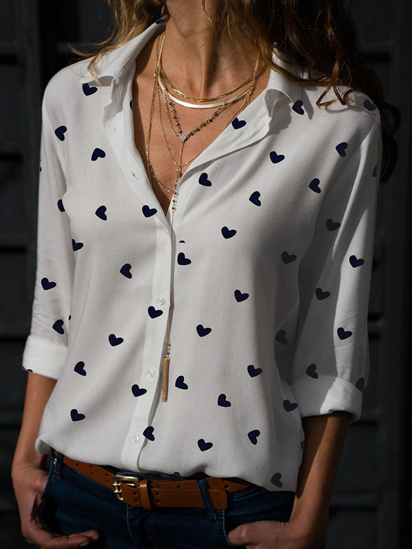 Long Sleeves Loose Buttoned Heart Print Lapel Blouses&Shirts Tops