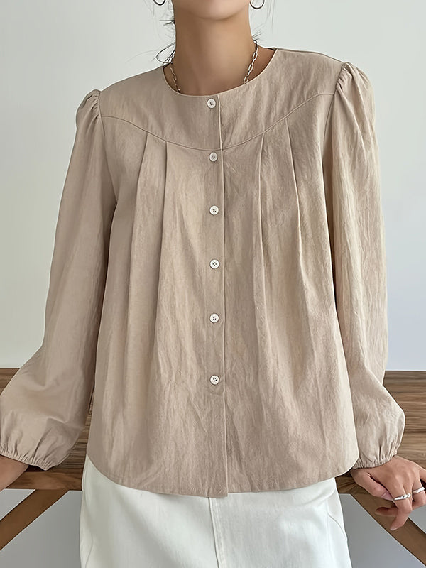 Loose Puff Sleeves Pleated Split-Joint Round-Neck Blouses&Shirts Tops