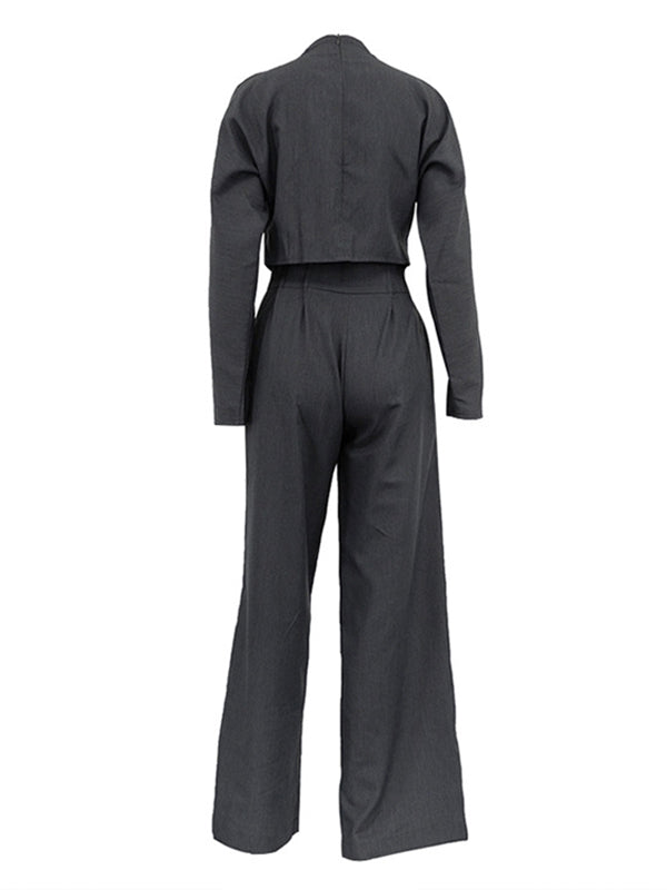 Long Sleeves Pleated Solid Color Stand Collar Blouses Tops + High Waisted Pants Bottom Two Pieces Set