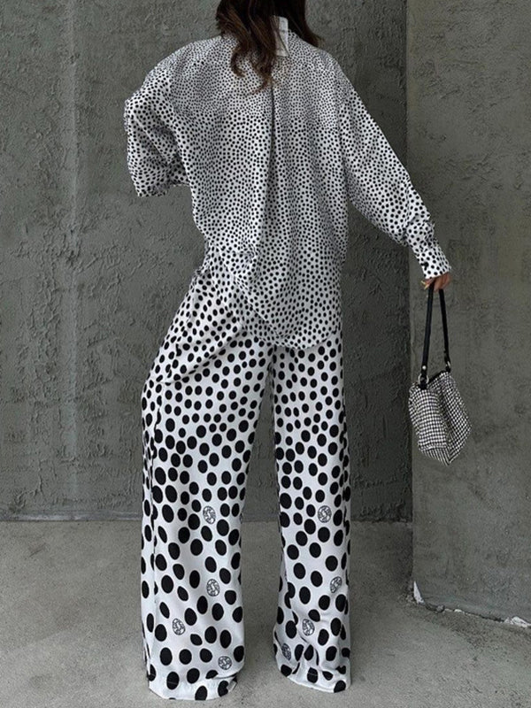 Long Sleeves Loose Buttoned Contrast Color Pockets Polka-Dot Lapel Blouses Tops + Pants Bottom Two Pieces Set