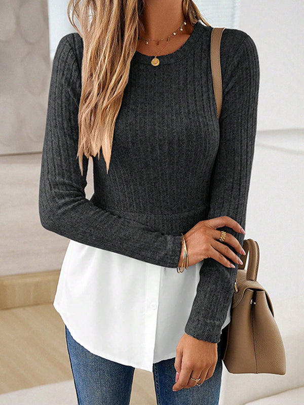 Long Sleeves Loose Buttoned Split-Joint Round-neck Knit Top