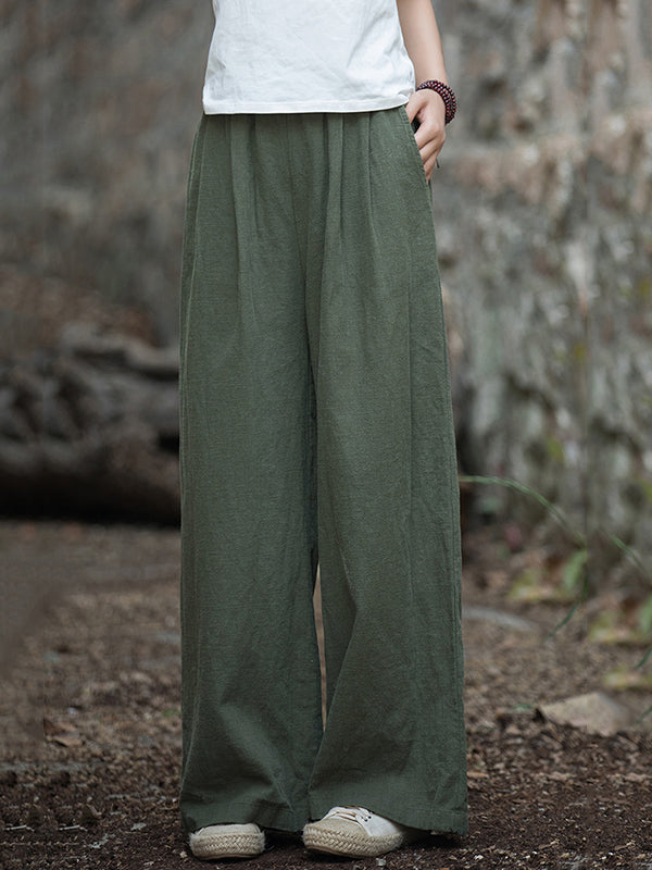 Loose Wide Leg Elasticity Pleated Pockets Solid Color Pants Trousers