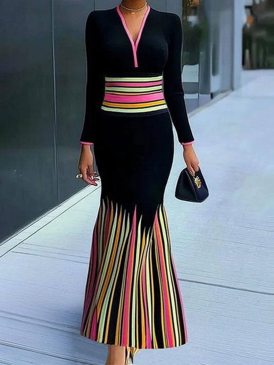 Long Sleeves Skinny Colorful Contrast Color Striped V-Neck Maxi Dresses