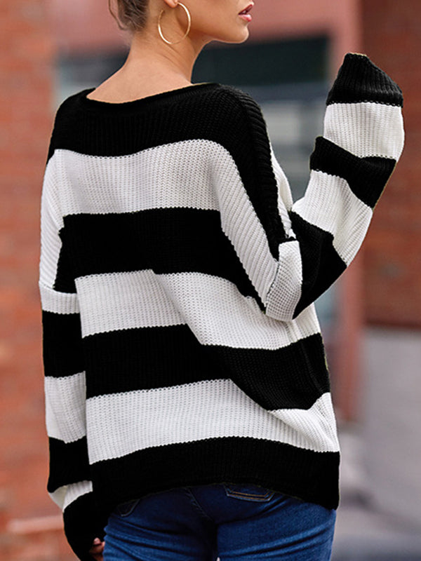 Long Sleeves Loose Contrast Color Striped Round-Neck Pullovers Sweater Tops