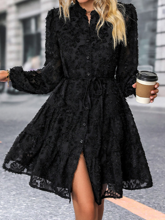 A-Line Long Sleeves Buttoned Elasticity Jacquard Pleated Solid Color Tied Waist Stand Collar Mini Dresses