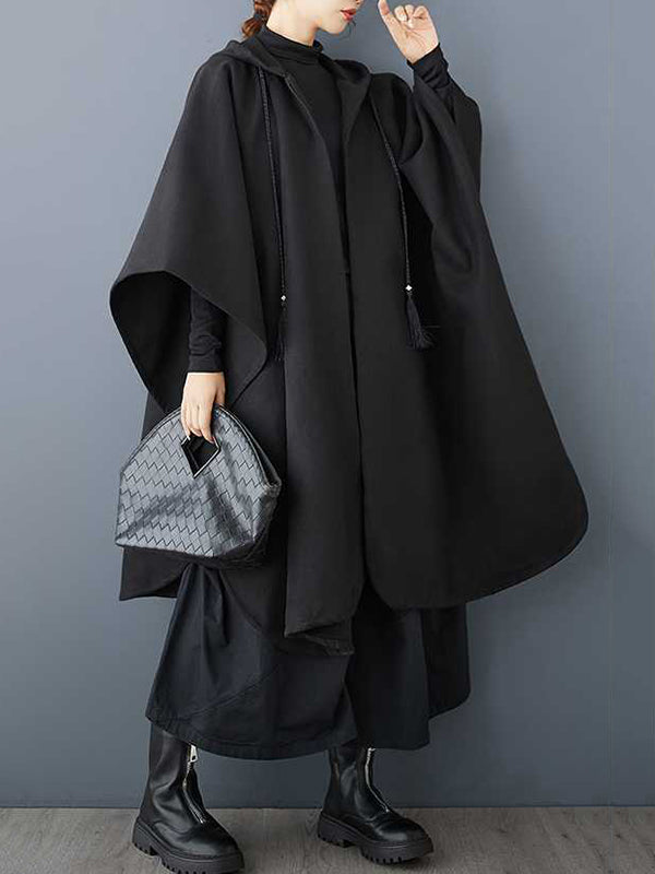 Batwing Sleeves Hooded Drawstring Pockets Split-Joint Tasseled Zipper Cape Outerwear Trench Coats