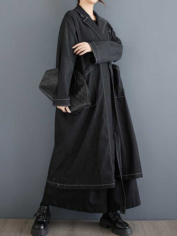 Long Sleeves Loose Buckle Pockets Solid Color Split-Joint Notched Collar Outerwear Trench Coats