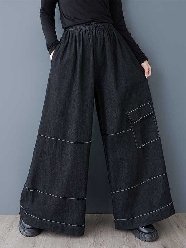 High Waisted Loose Elasticity Pockets Culotte Jean Pants Bottoms