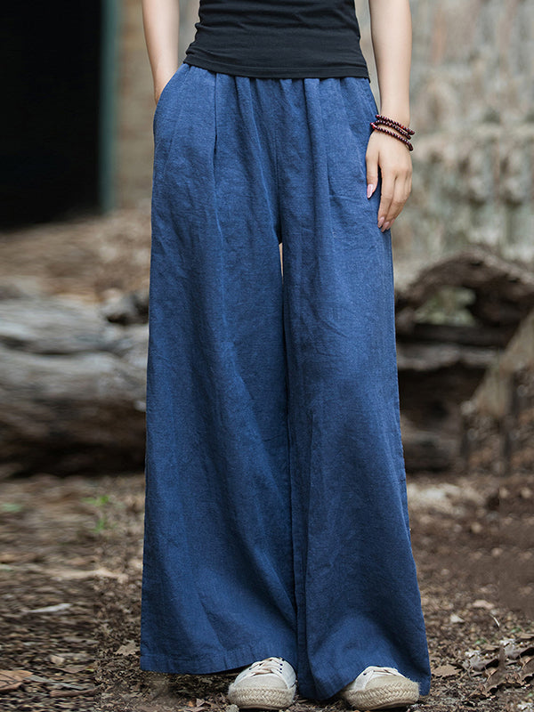 Loose Wide Leg Elasticity Pleated Pockets Solid Color Pants Trousers