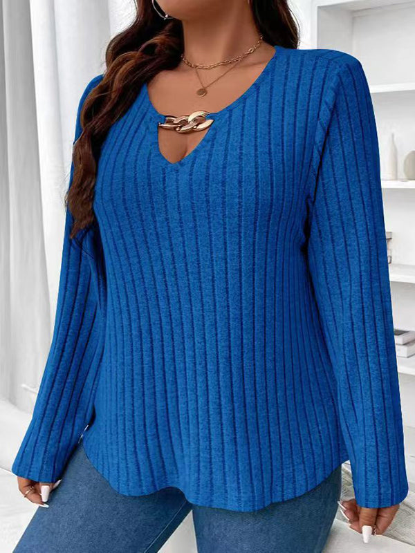 Long Sleeves Loose Solid Color V-Neck T-Shirts Tops