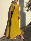 Loose Sleeveless Asymmetric Contrast Color Split-Side Tied Round-Neck Maxi Dresses