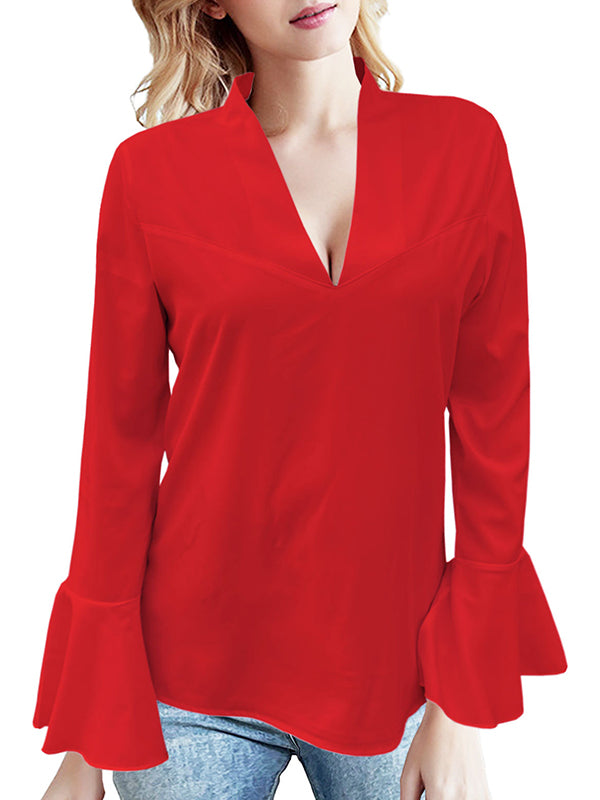 Flared Sleeves Long Sleeves Rhine Stones Solid Color V-Neck Blouses&Shirts Tops