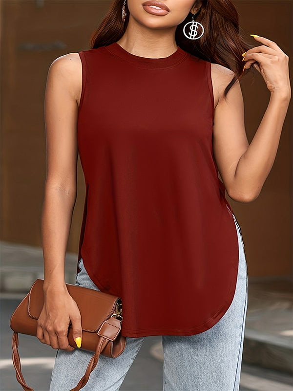 Loose Sleeveless Solid Color Split-Side Round-Neck Cover-Ups Tops Vest Top