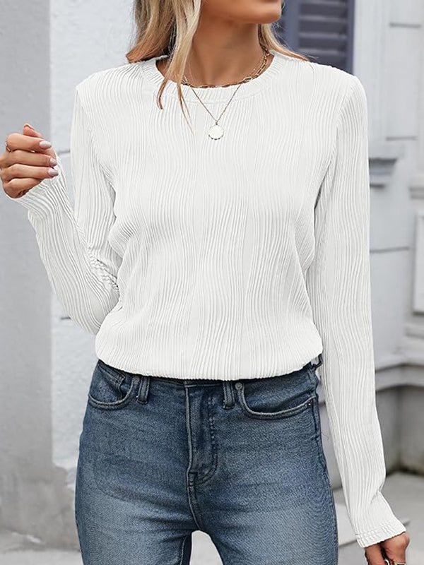 Long Sleeves Loose Solid Color Round-Neck T-Shirts Tops