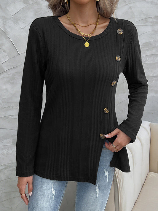 Long Sleeves Loose Buttoned Split-Front Split-Joint Round-Neck T-Shirts Tops