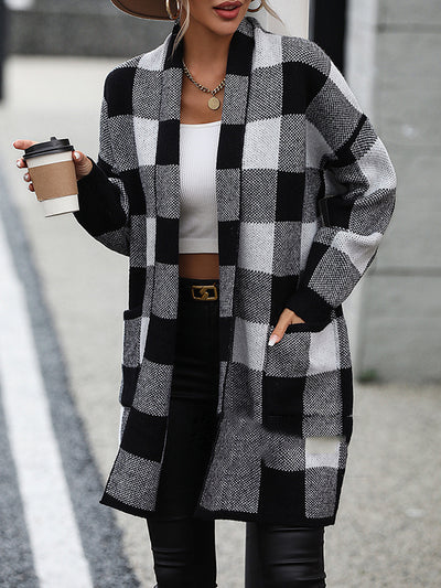 Long Sleeves Loose Contrast Color Plaid Cardigan Coats
