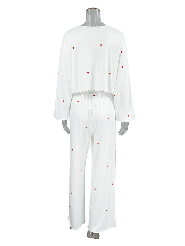 Heart Print Round-Neck Long Sleeves Tops + Elasticity High Waisted Pants Pajama Sets